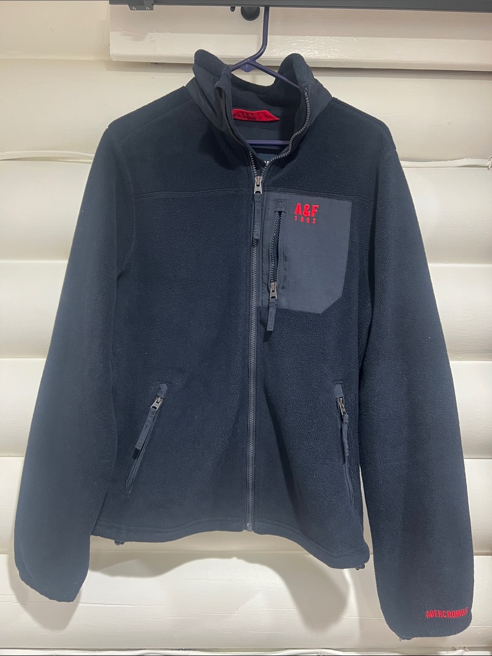 Abercrombie & Fitch Navy Fleece Full-Zip Jacket with Red Logo
